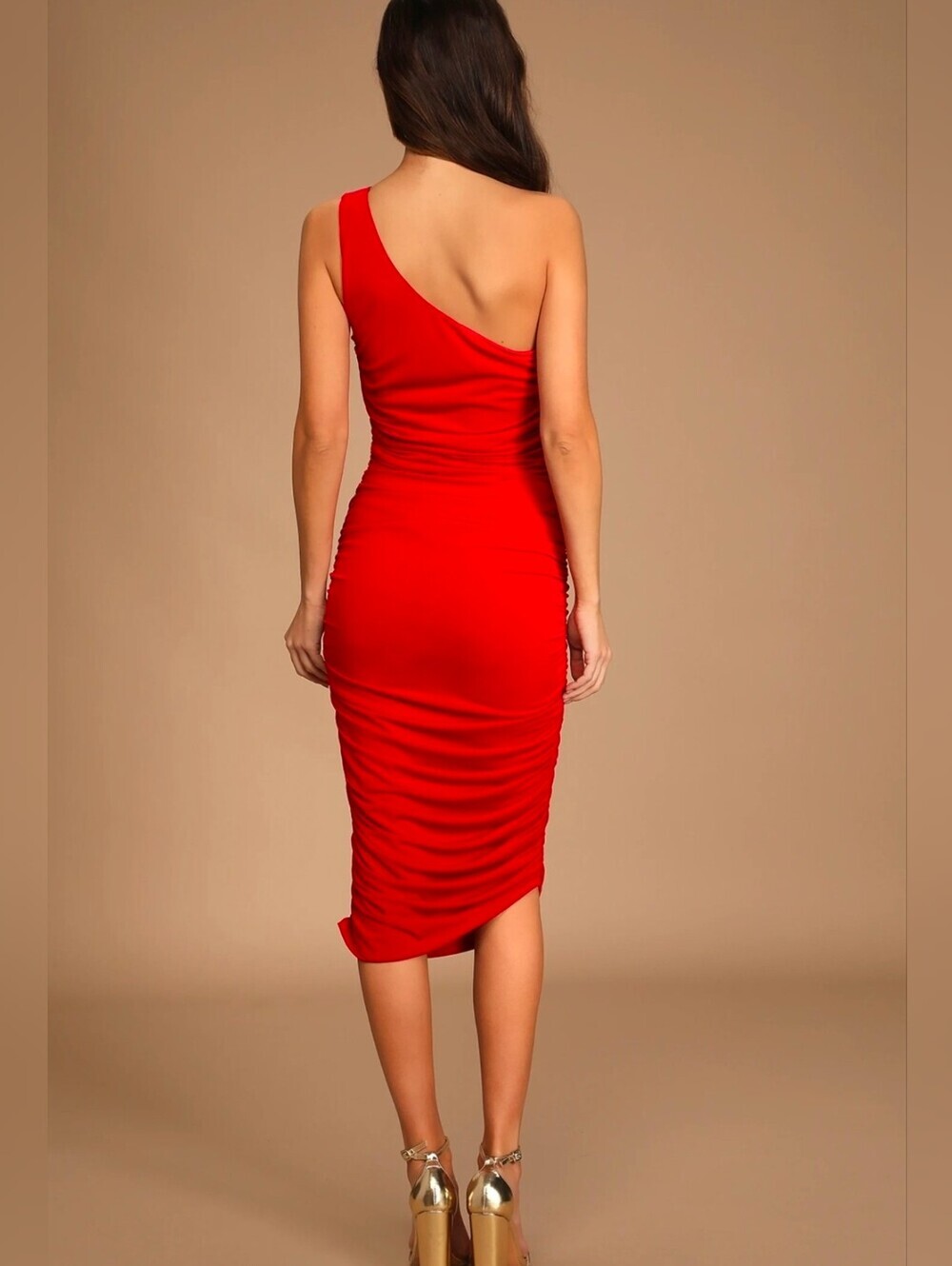 Lulu's One-Shoulder Ruched Red Midi Dress - Picture 3 of 8
